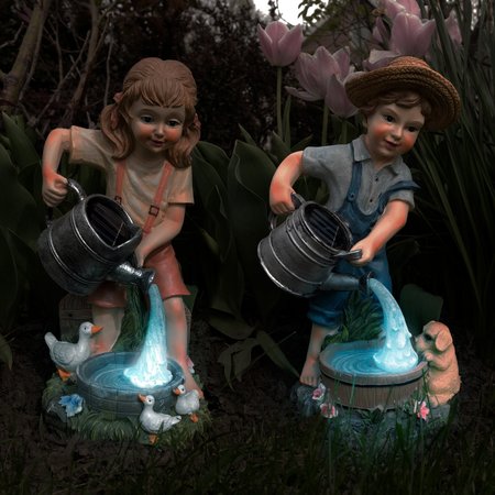 PURE GARDEN Solar Outdoor LED Light, Little Boy and Girl Statues 50-186-BOY-GIRL